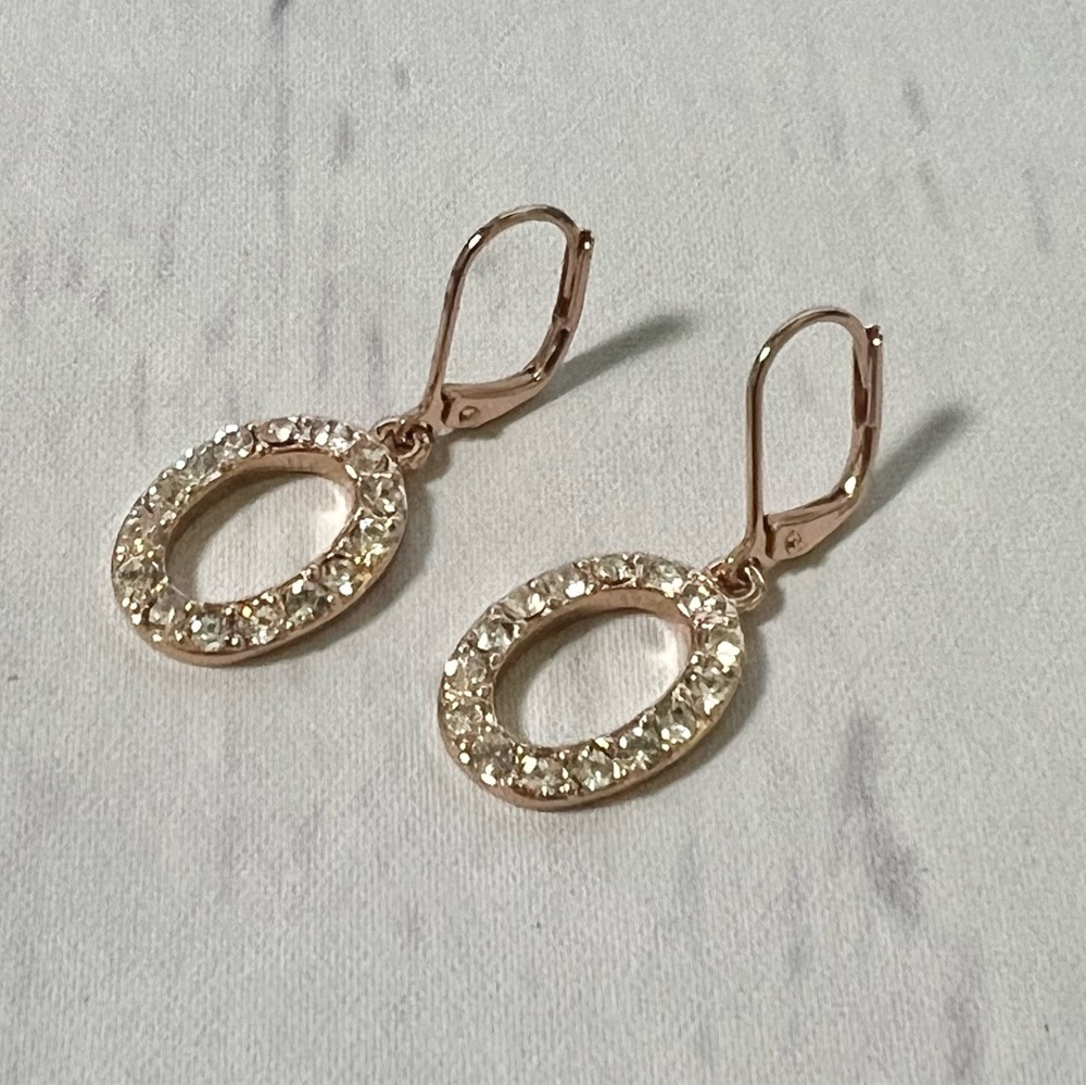 T Tahari Rose Gold Crystal Oval Dangle Earrings Pave Rhinestone Drop